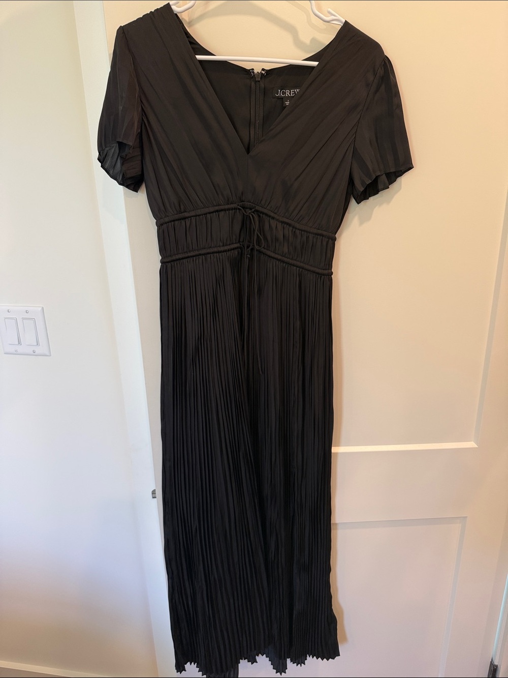 J. Crew Black Pleated V-Neck Midi Dress with Tie Waist